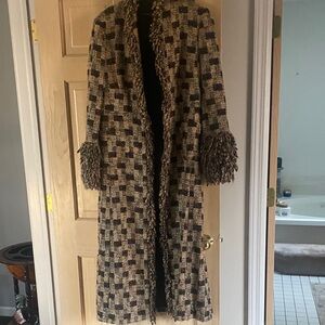 Escada Long Check Tweed Pea Coat in Brown and Black